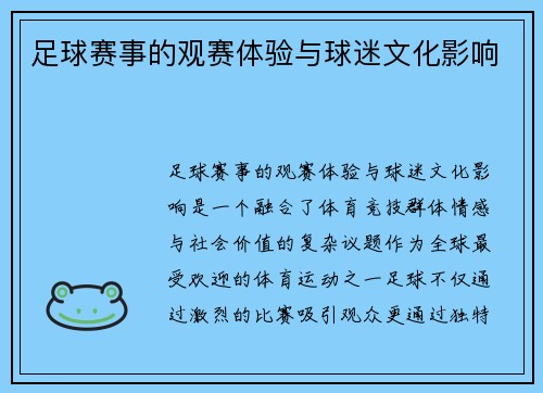 足球赛事的观赛体验与球迷文化影响