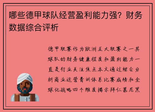 哪些德甲球队经营盈利能力强？财务数据综合评析