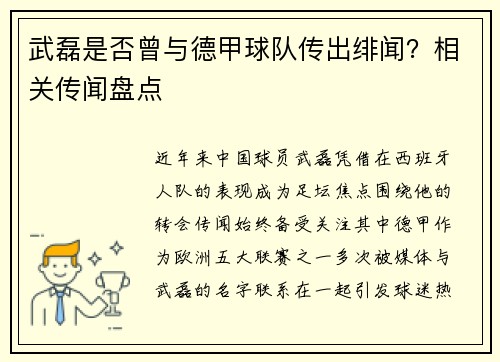 武磊是否曾与德甲球队传出绯闻？相关传闻盘点